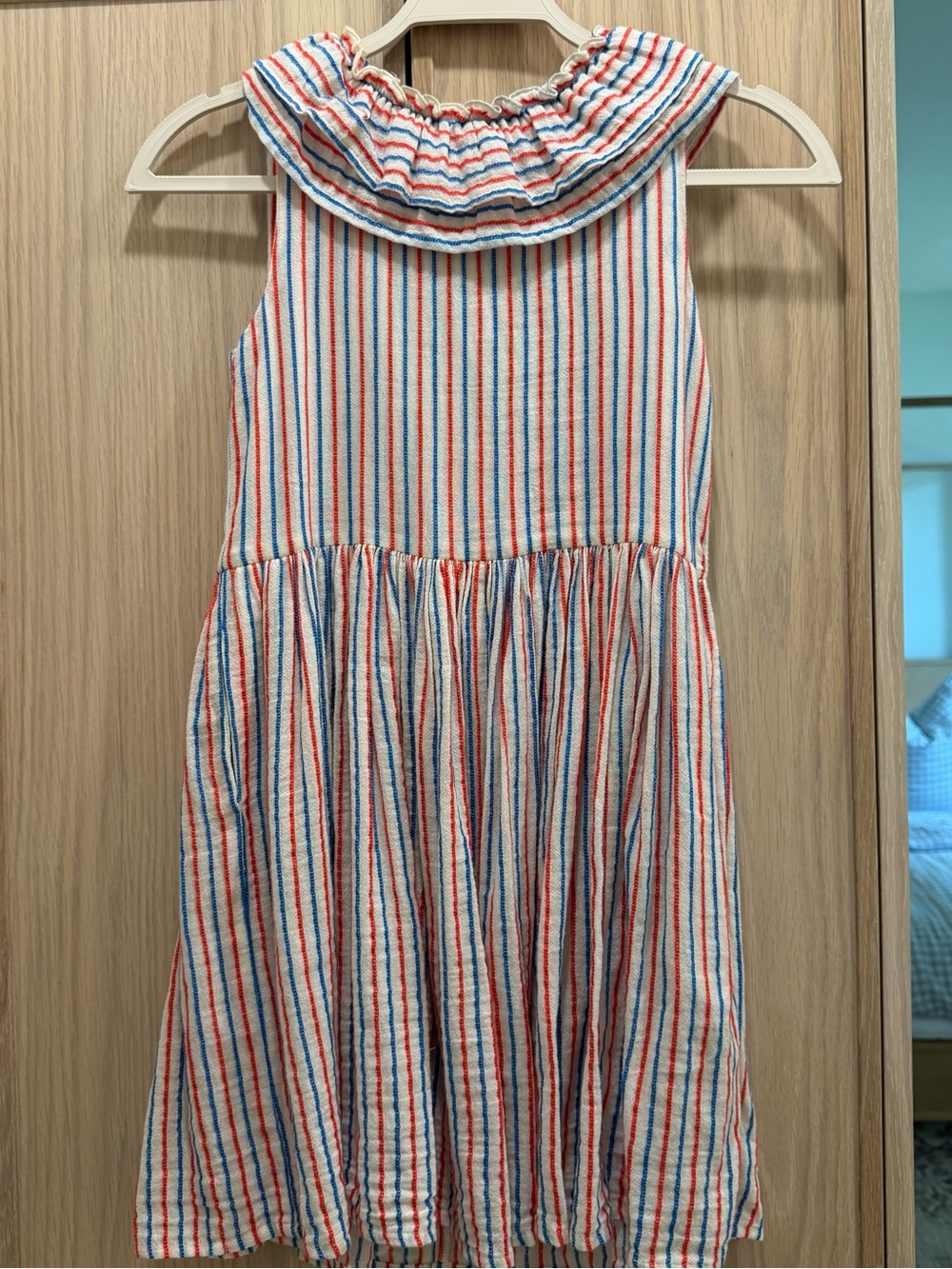 Morley Red, Blue & Cream Striped Ruffle Neck Dress